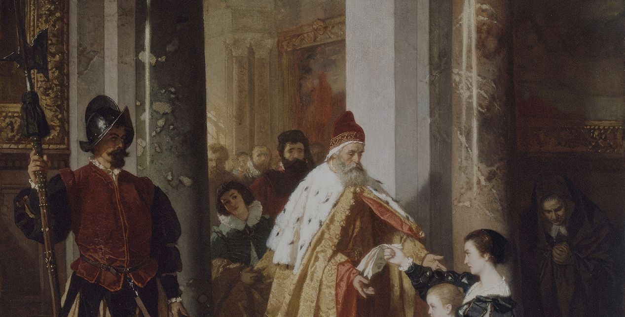 Historical painting set in a Venetian palace: an elderly doge wearing a golden cloak and red headdress extends his hand toward a young woman, surrounded by guards and shadowy figures among marble columns.