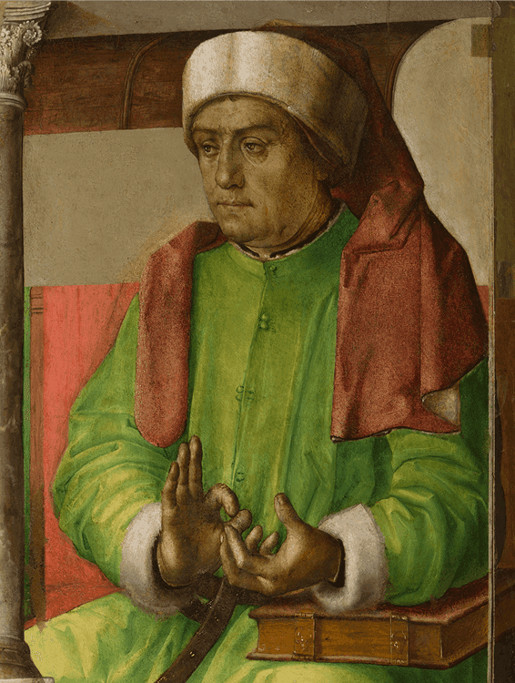 Ritratto a mezzo busto di uomo anziano con berretto bianco e veste verde con manto rosso, seduto con le mani giunte in gesto oratorio su un libro chiuso; tavola del XV secolo attribuita a Giusto di Gand o Pedro Berruguete