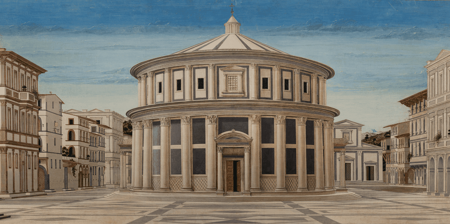 Veduta di una città ideale rinascimentale con un tempio circolare a colonne corinzie al centro di una piazza geometrica lastricata, affiancato da palazzi simmetrici; tavola del XV secolo attribuita alla cerchia di Piero della Francesca